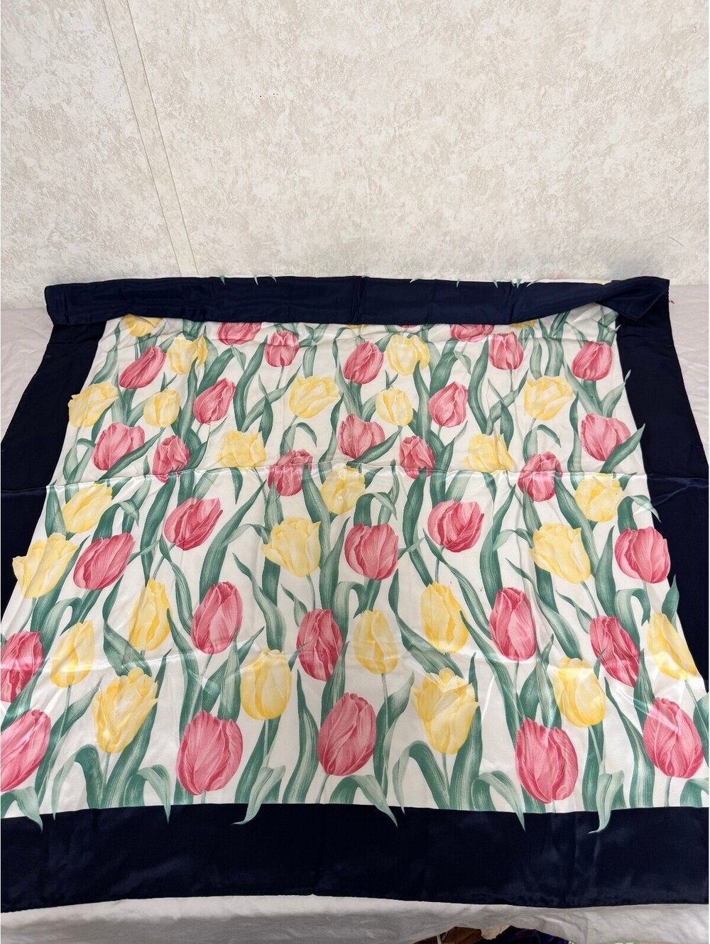 Talbots Silk Square Scarf Tulip Floral Print Navy Blue Border 34 Inch